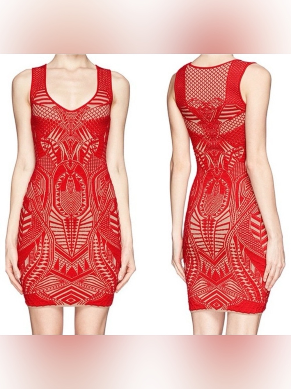 RVN Red Armor 3D Jacquard Body Con Stretch Mini Dress XS Flattering Silhouette